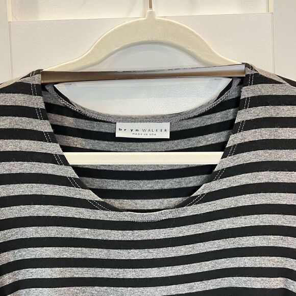 Bryn Walker Women’s Small Viscose Striped Black Grey Midi Dress 3/4 Sleeve - Picture 2 of 11